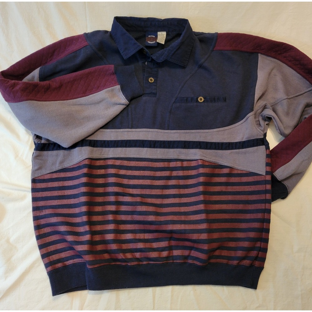 VTG 80s 90s Grandpa XL Sweatshirt Rugby collar striped funky retro navy
